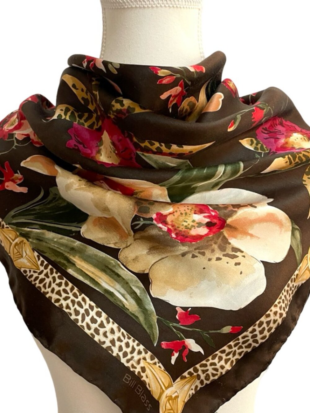 Bill Blass Vintage Floral Scarf Brown 33” Hand Rolled Edges Silk Feel